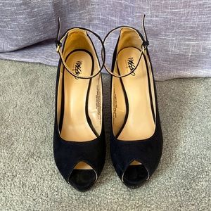 Black, faux suede peep toe wedge heels with gold dot details